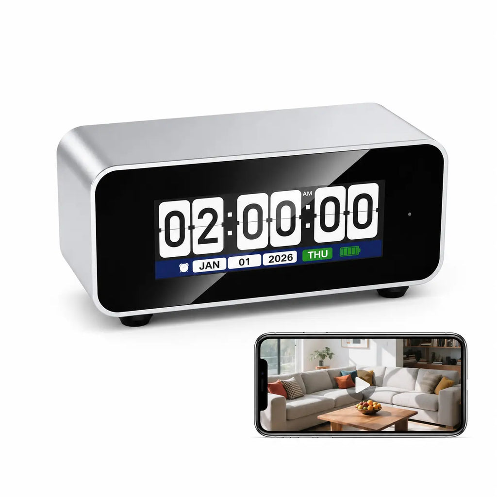 OVO Flip Vision: 1080P Hidden Security Camera Flip Clock | Dual-Band WiFi & CNC Aluminum Design