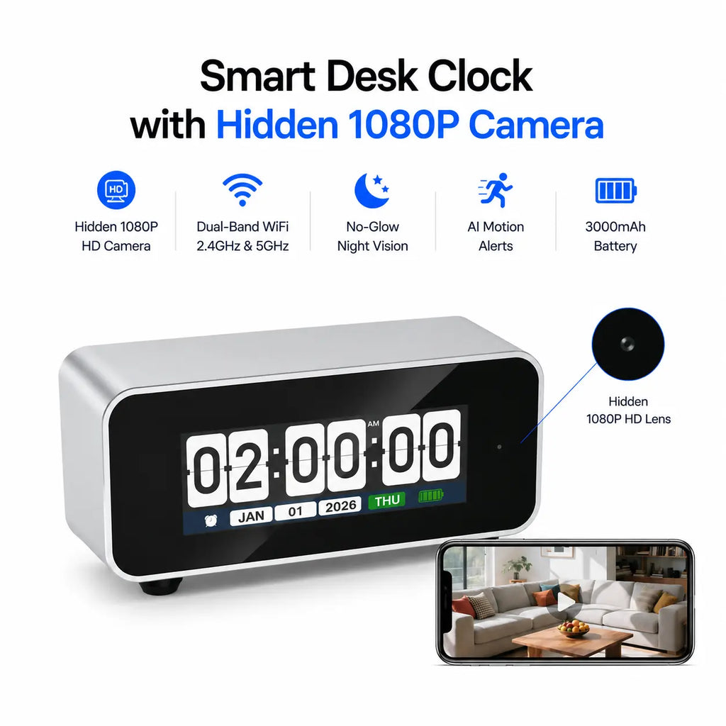 OVO Flip Vision: 1080P Hidden Security Camera Flip Clock | Dual-Band WiFi & CNC Aluminum Design