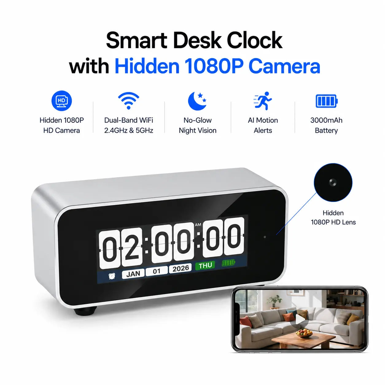 OVO Flip Vision: 1080P Hidden Security Camera Flip Clock | Dual-Band WiFi & CNC Aluminum Design