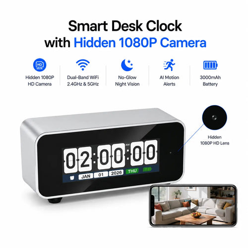 OVO Flip Vision: 1080P Hidden Security Camera Flip Clock | Dual-Band WiFi & CNC Aluminum Design
