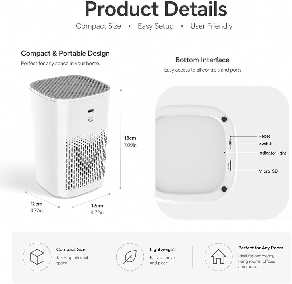 OVO-AP1: 2K Hidden Spy Air Purifier Camera | Dual-Band WiFi & 3000mAh Battery