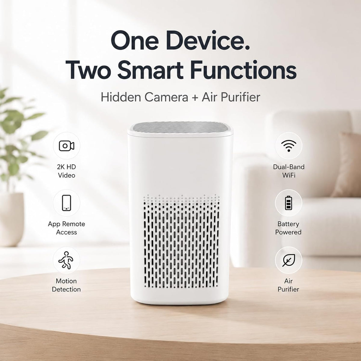 OVO-AP1 2K hidden air purifier camera with dual-band WiFi and battery power